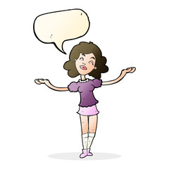 cartoon woman taking praise with speech bubble