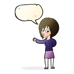 cartoon woman making welcome gesture with speech bubble