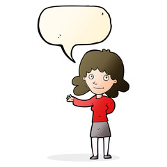 cartoon friendly woman with speech bubble