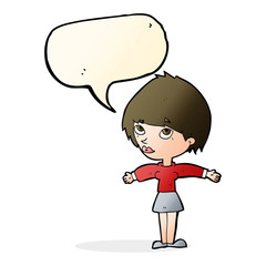 cartoon woman with open arms with speech bubble