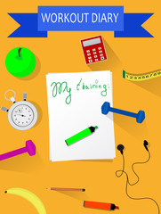  Workout and fitness dieting copy space diary. Healthy lifestyle concept.