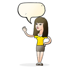 cartoon pretty woman waving with speech bubble