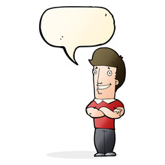 cartoon man with folded arms grinning with speech bubble