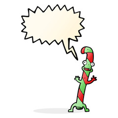cartoon dancing christmas candy cane with speech bubble