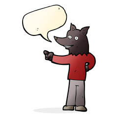cartoon wolf man pointing with speech bubble