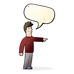 cartoon happy pointing man with speech bubble