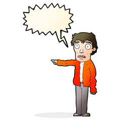 cartoon terrified man pointing with speech bubble