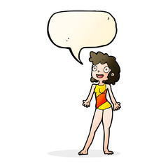 cartoon woman in swimming costume with speech bubble