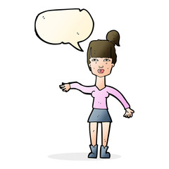 cartoon woman making dismissive gesture with speech bubble