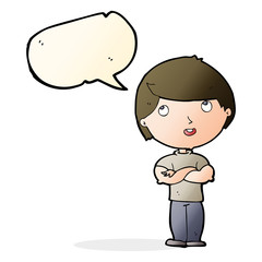 cartoon happy man with folded arm with speech bubble