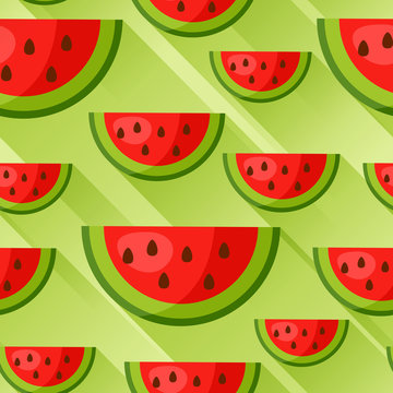 Seamless pattern with watermelon slices in flat style. Background made without clipping mask. Easy to use for backdrop, textile, wrapping paper