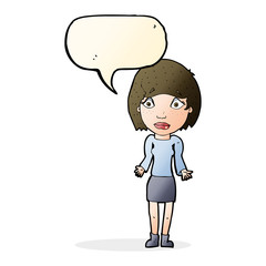 cartoon woman shrugging shoulders with speech bubble