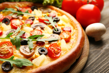 Delicious pizza with vegetables, close-up