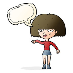 cartoon smug woman making dismissive gesture with speech bubble
