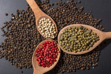 4 colors of peppercorns od wooden spoons - obrazy, fototapety, plakaty
