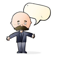 cartoon bald man with open arms with speech bubble