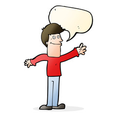 cartoon happy man waving with speech bubble