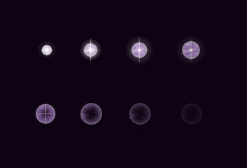 Sprite sheet for cartoon electric star plasma explosion, mobile, flash game effect animation. 8 frames on dark background.