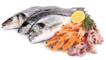 Fresh Mediterranean cocktail of fish on white background, close up