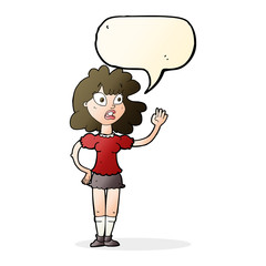 cartoon worried woman waving with speech bubble