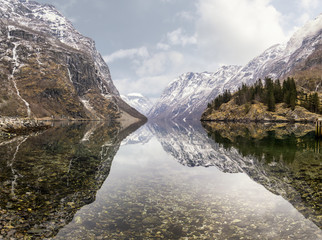 view from Gudvangen village towards fjord, Norway