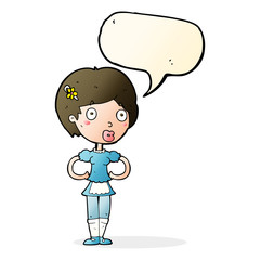 cartoon woman in french maid outfit with speech bubble