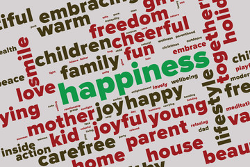 HAPPINESS word cloud. Bright and colorful tag cloud. Vector graphics illustration.