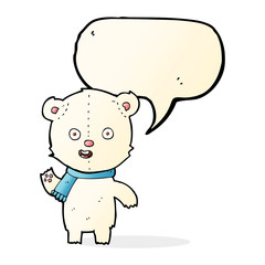 cartoon waving polar bear cub with scarf with speech bubble
