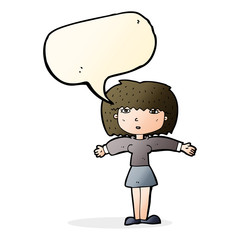 cartoon woman shrugging shoulders with speech bubble