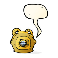 cartoon old deep sea diver helmet with speech bubble