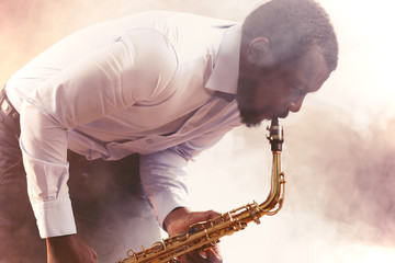 African American jazz musician playing the saxophone