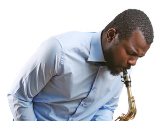 African American jazz musician playing the saxophone, isolated on white