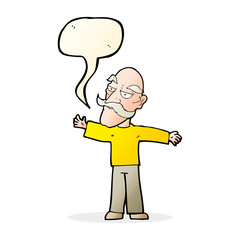 cartoon old man spreading arms wide with speech bubble