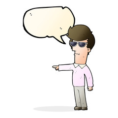cartoon man in glasses pointing with speech bubble