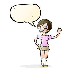 cartoon waving woman with speech bubble