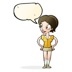 cartoon happy woman in short skirt with speech bubble