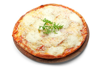 Pizza full of cheese on wooden board isolated on white background