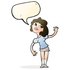cartoon woman waving with speech bubble