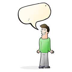 cartoon man shrugging shoulders with speech bubble