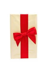 Gift box with red ribbon bow, isolated on white. Selective focus.