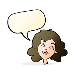 cartoon happy female face with speech bubble