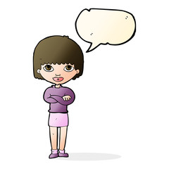 cartoon woman with folded arms with speech bubble