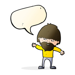cartoon happy bearded man waving with speech bubble