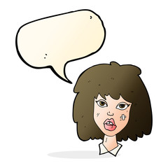 cartoon woman with bruised face with speech bubble