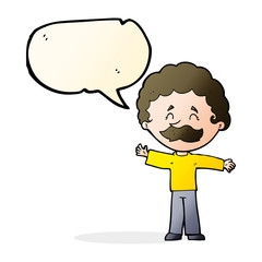 cartoon boy with mustache with speech bubble