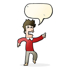 cartoon frightened man pointing with speech bubble