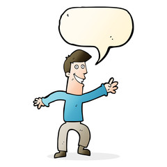 cartoon happy man dancing with speech bubble