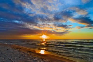 Mystical sunset with stunning cloud formations over the Gdansk Bay. Baltic sea, Pomerania, northern Poland.