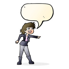 cartoon woman pointing with speech bubble