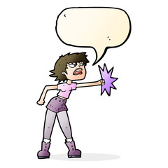 cartoon woman punching with speech bubble